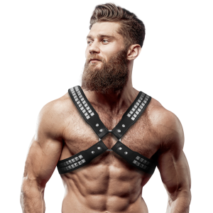 FETISH SUBMISSIVE ATTITUDE – ARNÊS DE COURO ECOLÓGICO COM PEITO CRUZADO E REBITES PARA HOMENS