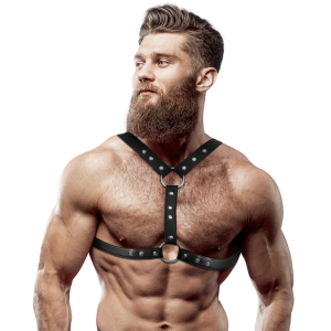FETISH SUBMISSIVE ATTITUDE – ARNÊS DE PEITO DE COURO ECOLÓGICO COM SUPORTE DUPLO E TACHAS PARA HOMENS